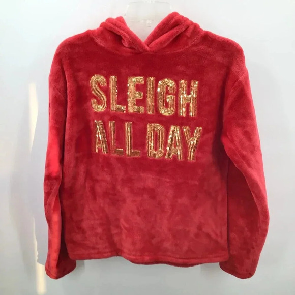 Cute Christmas Hoodie XL Red Velour Reindeer Sequins Antlers Sleigh All Day - Picture 2 of 7